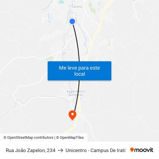 Rua João Zapelon, 234 to Unicentro - Campus De Irati map