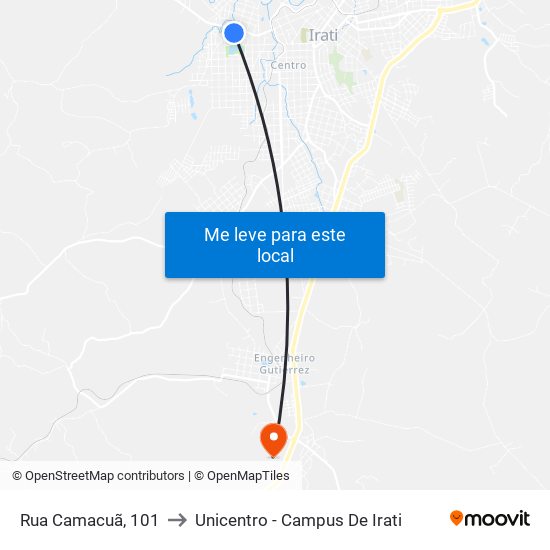 Rua Camacuã, 101 to Unicentro - Campus De Irati map