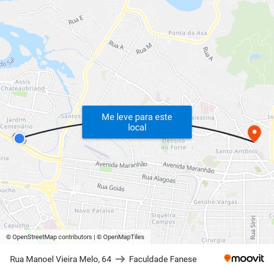 Rua Manoel Vieira Melo, 64 to Faculdade Fanese map