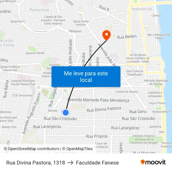 Rua Divina Pastora, 1318 to Faculdade Fanese map