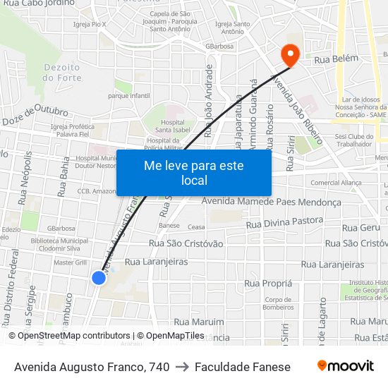 Avenida Augusto Franco, 740 to Faculdade Fanese map