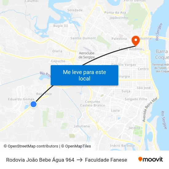 Rodovia João Bebe Água 964 to Faculdade Fanese map