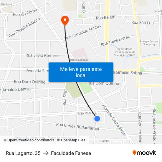 Rua Lagarto, 35 to Faculdade Fanese map