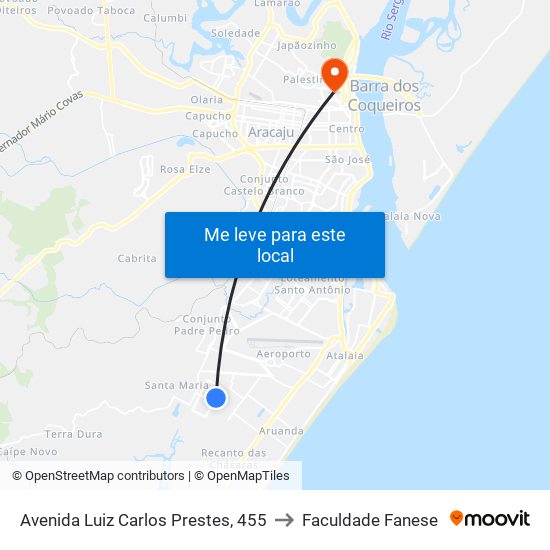 Avenida Luiz Carlos Prestes, 455 to Faculdade Fanese map