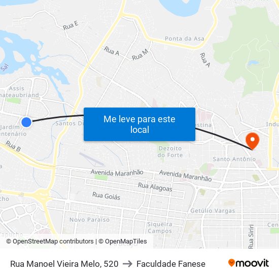 Rua Manoel Vieira Melo, 520 to Faculdade Fanese map