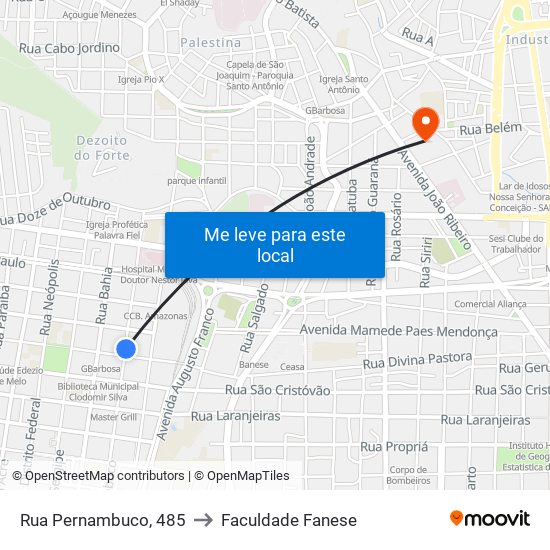 Rua Pernambuco, 485 to Faculdade Fanese map