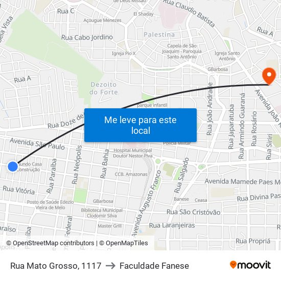 Rua Mato Grosso, 1117 to Faculdade Fanese map