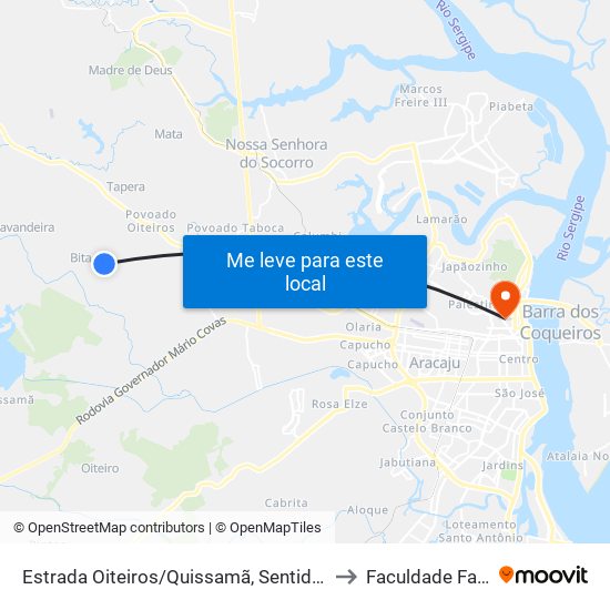 Estrada Oiteiros/Quissamã, Sentido Oiteiros to Faculdade Fanese map