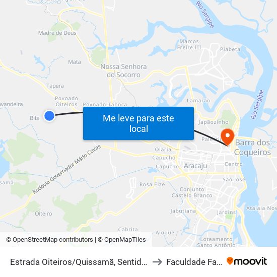 Estrada Oiteiros/Quissamã, Sentido Oiteiros to Faculdade Fanese map