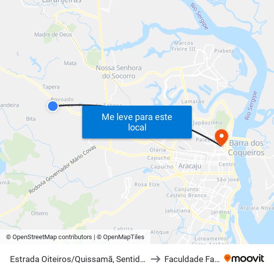 Estrada Oiteiros/Quissamã, Sentido Oiteiros to Faculdade Fanese map