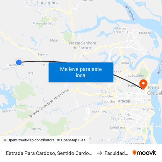 Estrada Para Cardoso, Sentido Cardoso | Povoado Lavandeira to Faculdade Fanese map