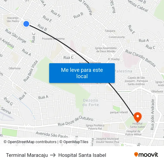 Terminal Maracaju to Hospital Santa Isabel map