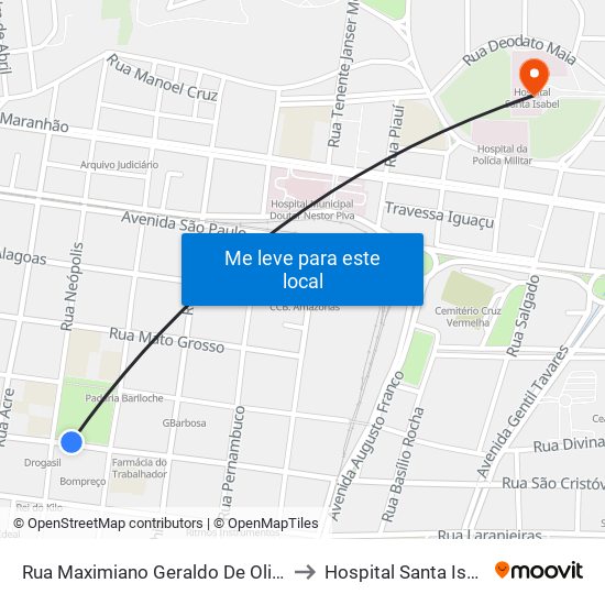 Rua Maximiano Geraldo De Oliveira to Hospital Santa Isabel map