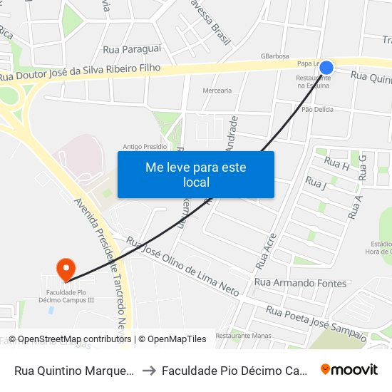 Rua Quintino Marques, 527 to Faculdade Pio Décimo Campus III map