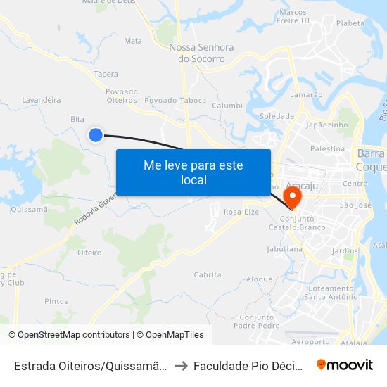 Estrada Oiteiros/Quissamã, Sentido Oiteiros to Faculdade Pio Décimo Campus III map