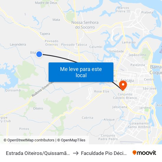 Estrada Oiteiros/Quissamã, Sentido Oiteiros to Faculdade Pio Décimo Campus III map