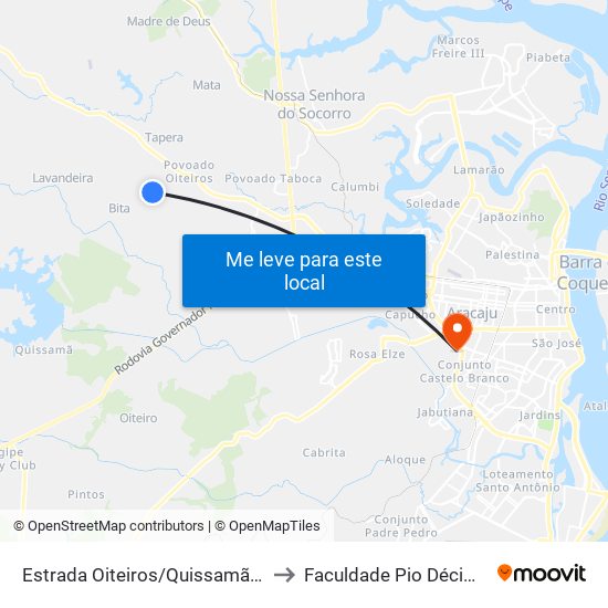 Estrada Oiteiros/Quissamã, Sentido Oiteiros to Faculdade Pio Décimo Campus III map