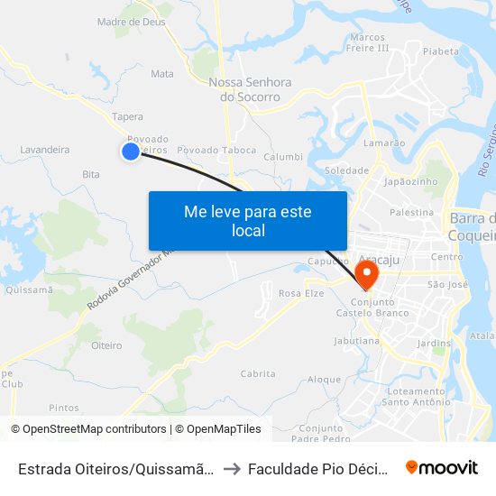 Estrada Oiteiros/Quissamã, Sentido Oiteiros to Faculdade Pio Décimo Campus III map