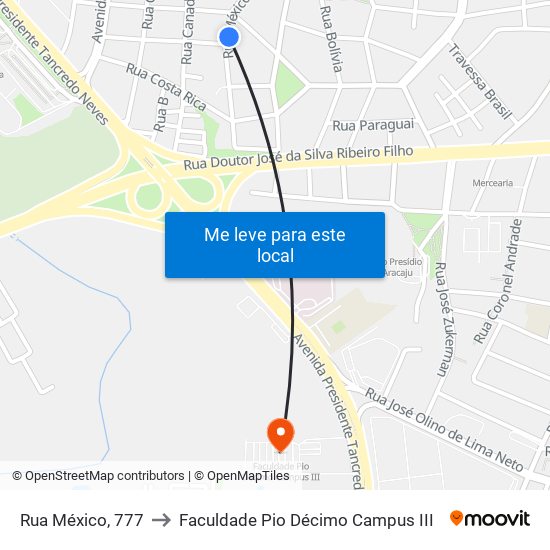 Rua México, 777 to Faculdade Pio Décimo Campus III map