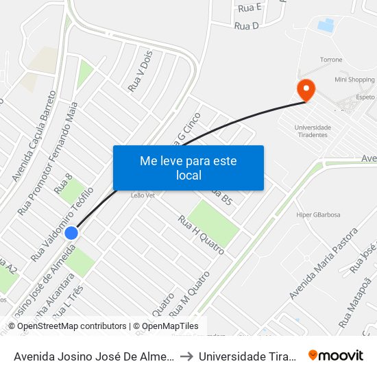 Avenida Josino José De Almeida, 533 to Universidade Tiradentes map