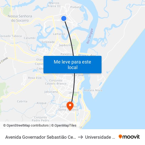Avenida Governador Sebastião Celso De Carvalho1110 to Universidade Tiradentes map