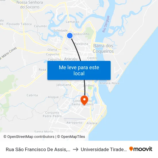 Rua São Francisco De Assis, 1601 to Universidade Tiradentes map
