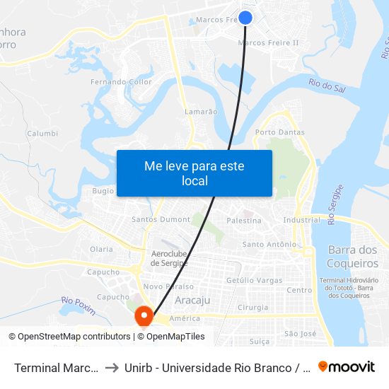 Terminal Marcos Freire to Unirb - Universidade Rio Branco / Faculdade Serigy map