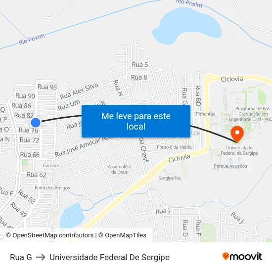 Rua G to Universidade Federal De Sergipe map