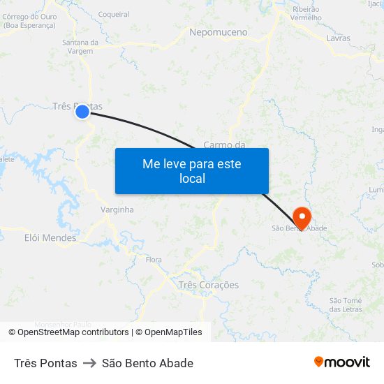 Três Pontas to São Bento Abade map