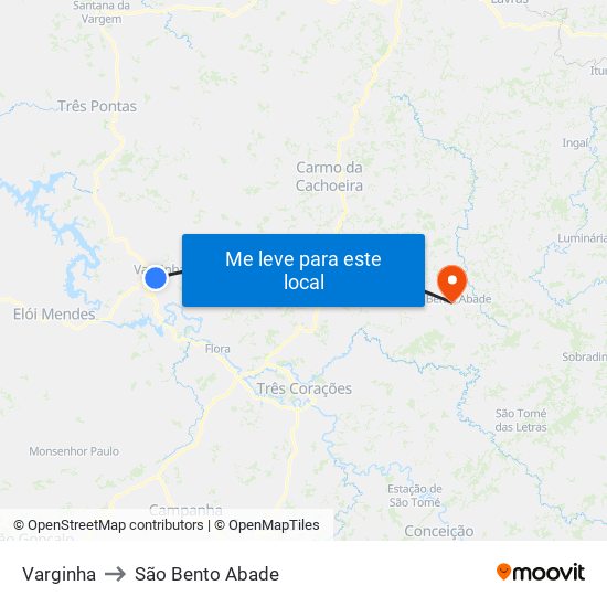 Varginha to São Bento Abade map