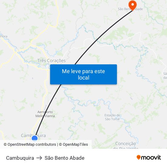 Cambuquira to São Bento Abade map