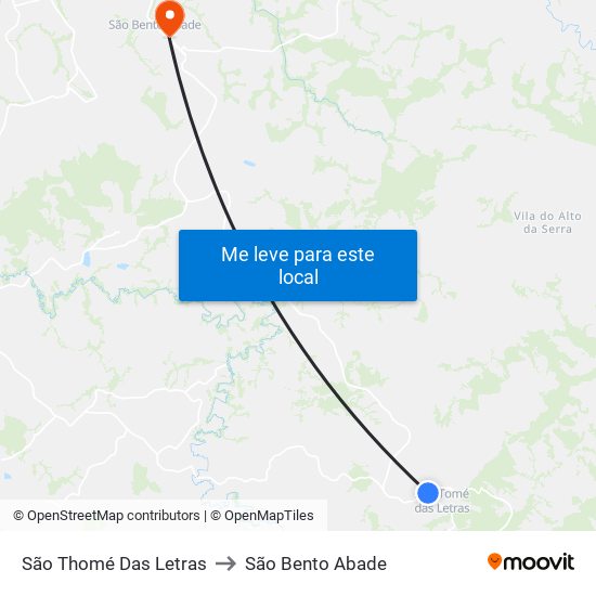 São Thomé Das Letras to São Bento Abade map