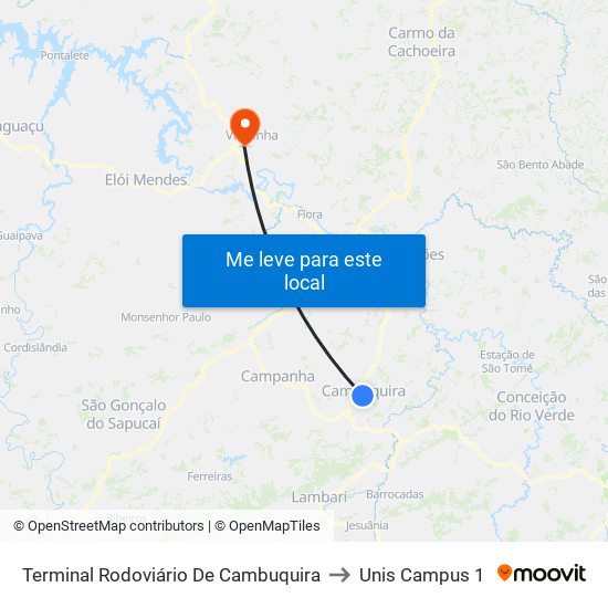 Terminal Rodoviário De Cambuquira to Unis Campus 1 map