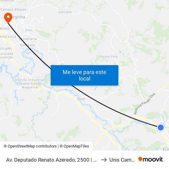 Av. Deputado Renato Azeredo, 2500 | Hotel Medieval to Unis Campus 1 map