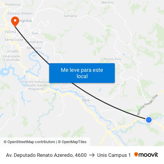 Av. Deputado Renato Azeredo, 4600 to Unis Campus 1 map