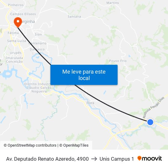 Av. Deputado Renato Azeredo, 4900 to Unis Campus 1 map