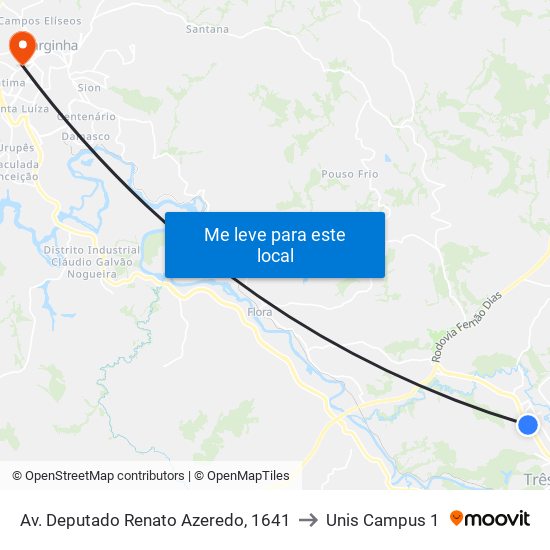 Av. Deputado Renato Azeredo, 1641 to Unis Campus 1 map