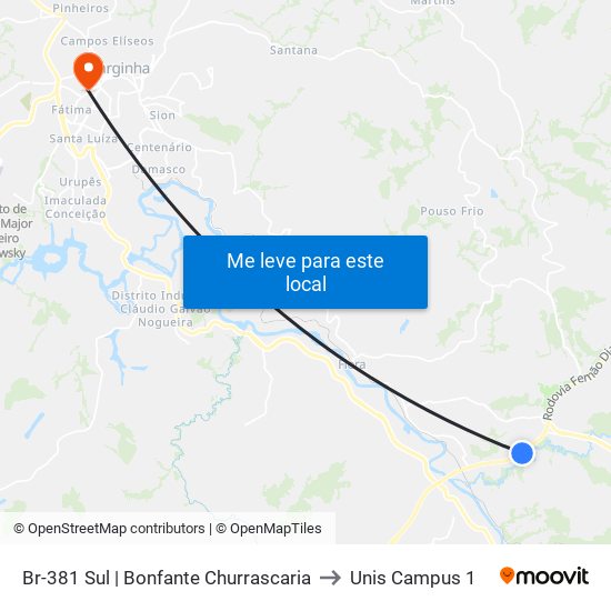 Br-381 Sul | Bonfante Churrascaria to Unis Campus 1 map