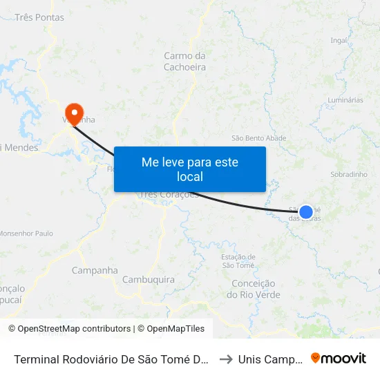 Terminal Rodoviário De São Tomé Das Letras to Unis Campus 1 map
