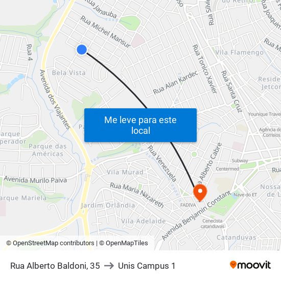 Rua Alberto Baldoni, 35 to Unis Campus 1 map
