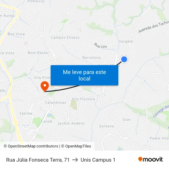 Rua Júlia Fonseca Terra, 71 to Unis Campus 1 map
