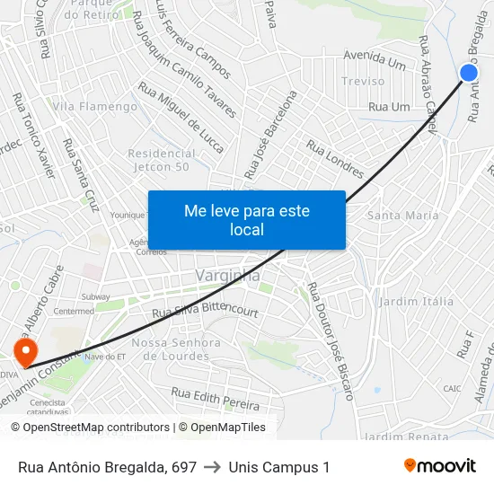Rua Antônio Bregalda, 697 to Unis Campus 1 map