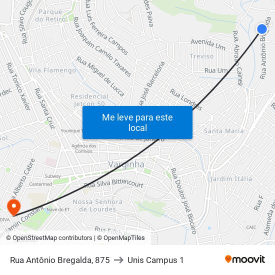 Rua Antônio Bregalda, 875 to Unis Campus 1 map