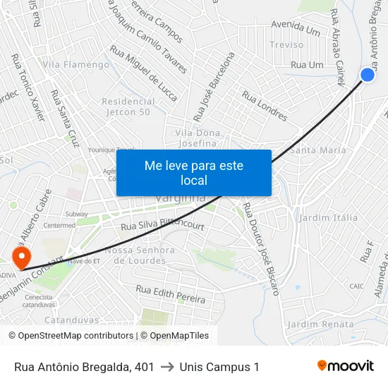 Rua Antônio Bregalda, 401 to Unis Campus 1 map