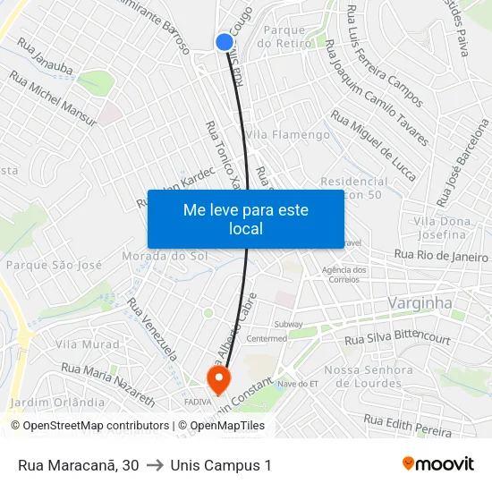 Rua Maracanã, 30 to Unis Campus 1 map