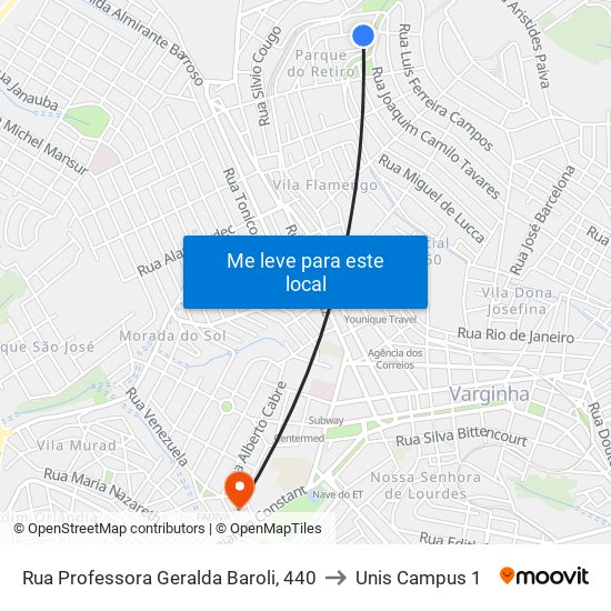 Rua Professora Geralda Baroli, 440 to Unis Campus 1 map
