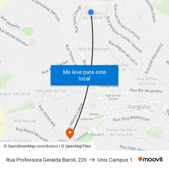 Rua Professora Geralda Baroli, 220 to Unis Campus 1 map