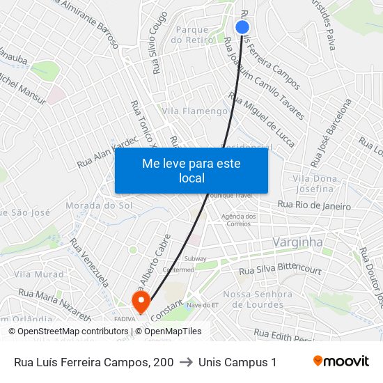 Rua Luís Ferreira Campos, 200 to Unis Campus 1 map