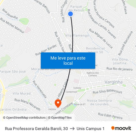 Rua Professora Geralda Baroli, 30 to Unis Campus 1 map