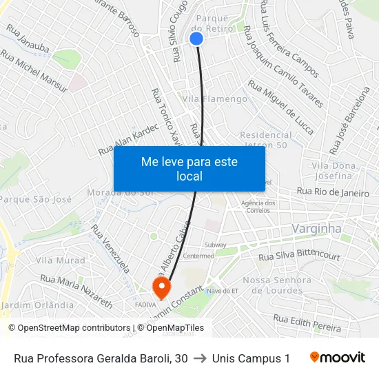Rua Professora Geralda Baroli, 30 to Unis Campus 1 map